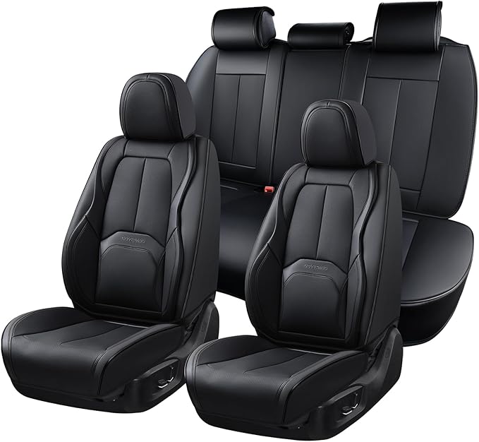 Coverado Car Seat Covers Full Set, Premium Nappa Leather Seat Covers for Car, Waterproof Car Seat Protector with Lumbar Support, Automotive Seat Covers Universal Fit for Most Cars SUV Truck(Black)