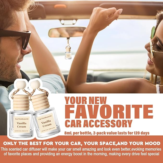 C Classy Hanging Car Air Freshener 2 Pack, Vanilla Cream Essential Oil Diffuser, Long-Lasting Fragrance, Cute Glass Bottle Car Accessories for Women & Men, Made in USA