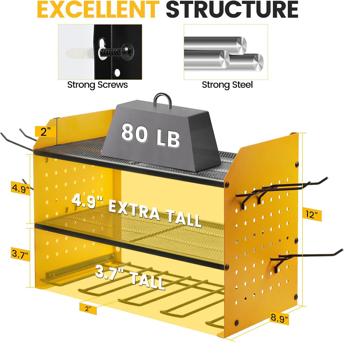 TRZZ Power Tool Organizer Wall Mount, 3-Layer Drill Holder with 2 Side Pegboards, Cordless Drill Rack with 4 Hooks, Efficient Storage for Workshop, Garage, and Tool Room (Yellow)
