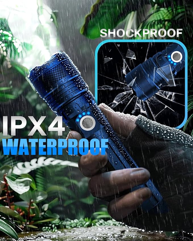 Victoper Blue LED Flashlights, High Powered High Lumens Super Bright Tactical Flashlight, Rechargeable, 5 Modes Zoomable Waterproof Flash Lights for Emergency, Outdoor, Home, Camping, Hiking