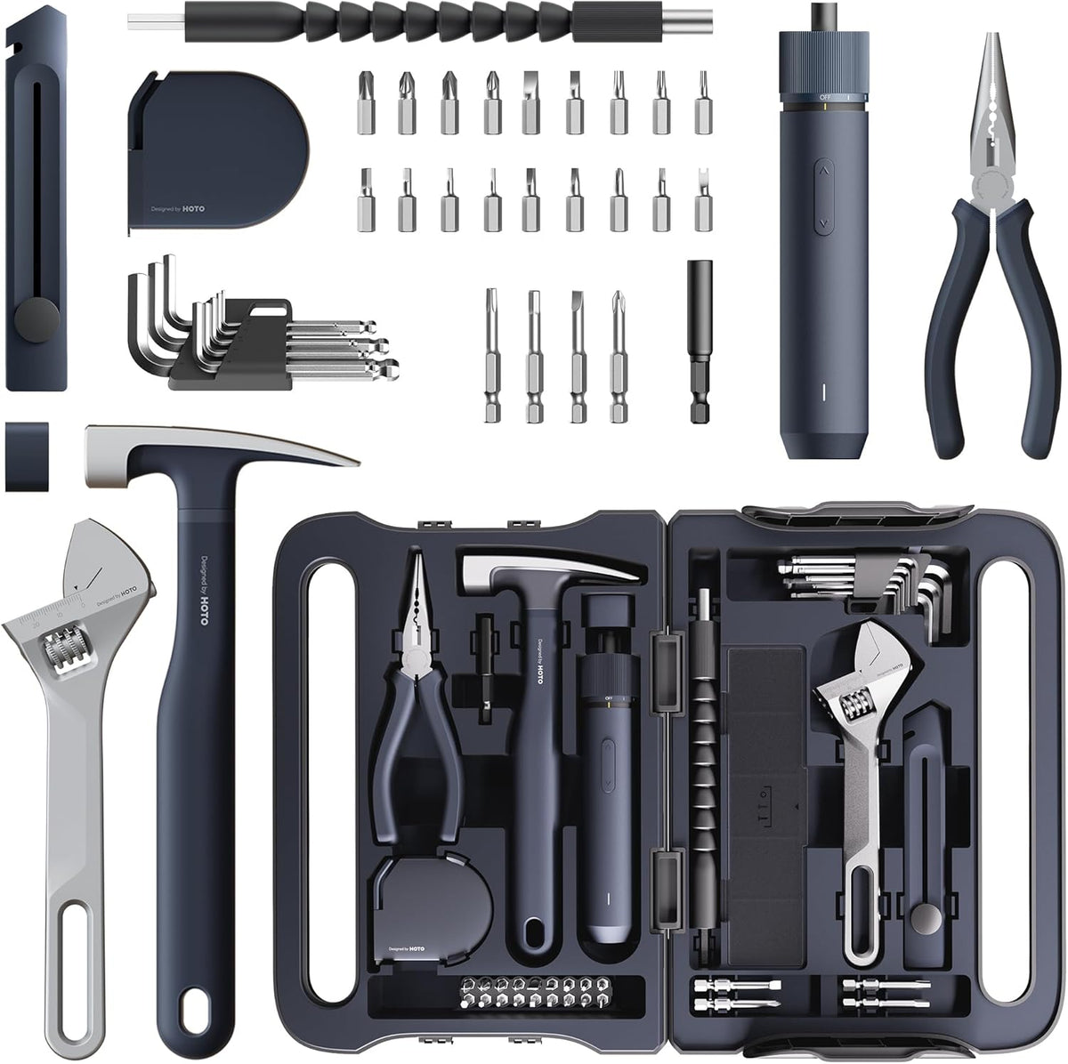 HOTO 40-Piece Tool Kit, Household Essentials tool set w/Smart Electric Screwdriver (LED, 3 Torque) + 14 Tools & 26 Accessories | Pro-Grade Compact Organizer for Home, Dorm Repairs, DIY