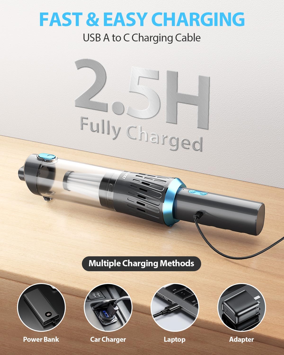 Handheld Vacuum Cordless 15000PA Car Vacuum 3-in-1 Hand Held Vacuums 1.1 Pounds Hand Vac Cordless Rechargeable One-Touch Empty for Cleaning Cars Offices Homes Pet Hair and Dust (Blue)