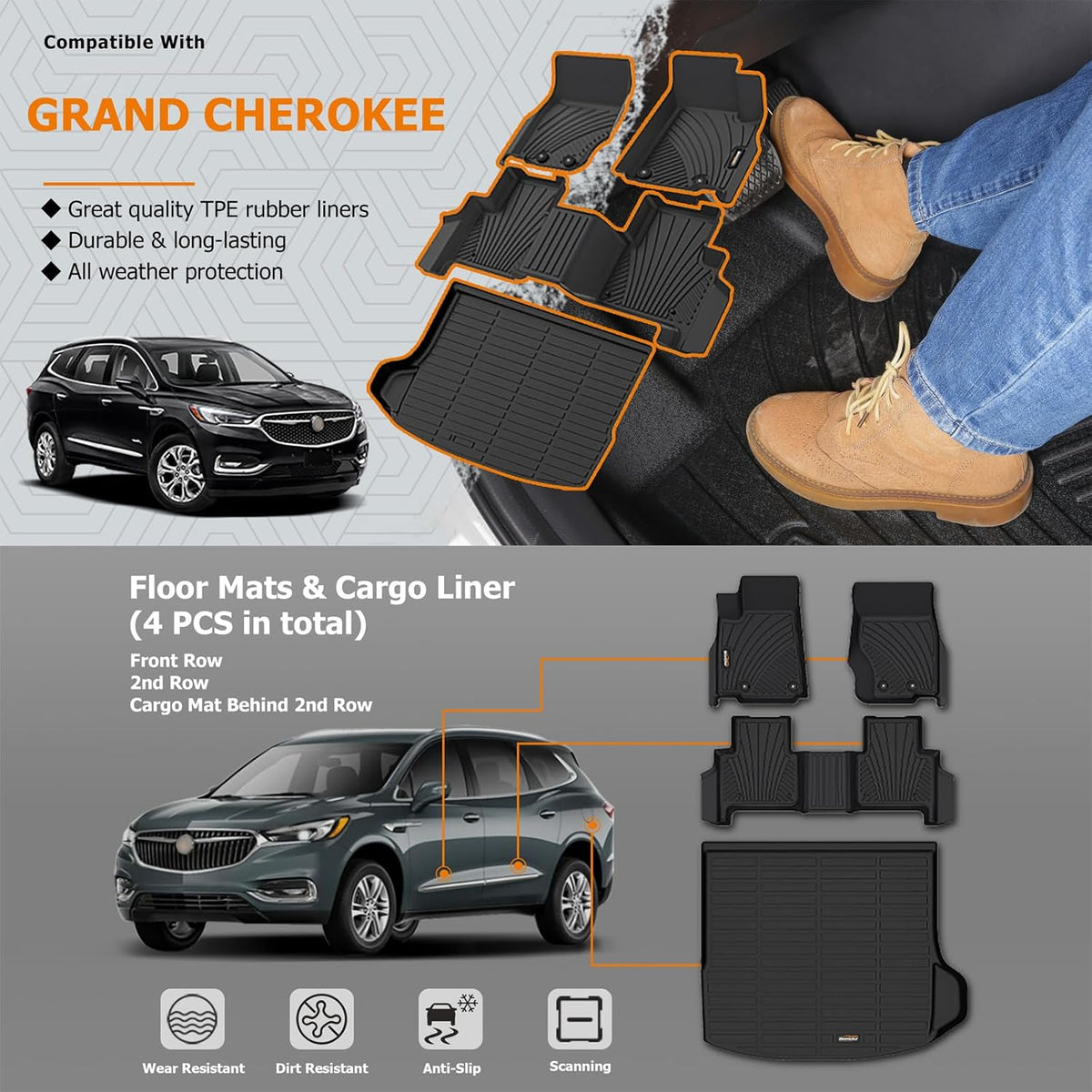 Binmotor-Floor Mats & Cargo Liner for Jeep Grand Cherokee 2022-2024 2025 (Include 4xe, Non WK/L), All Weather Car Mat Grand Cherokee Accessories Cargo Mat Floor Liners Trunk Liner