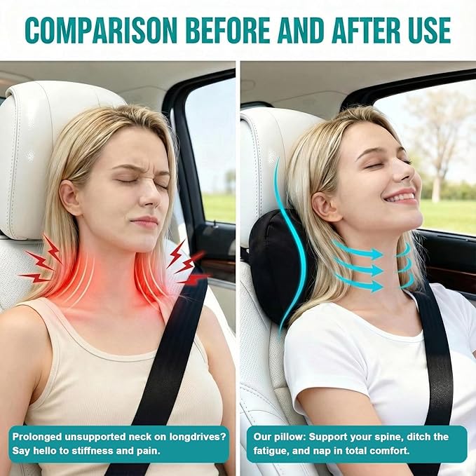 2PCS Car Pillow for Car Neck Pillow for Driving Seat Neck Support Soft Cushion Back Support Head-Rests for Vehicle Sleeping with Elastic Adjustment Strap (Beige, Head and Lumbar)