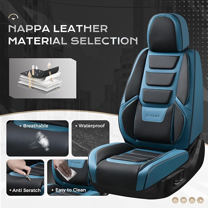 Coverado Car Seat Covers Full Set, Seat Covers for Cars, Front Seat Covers and Back Seat Cover Waterproof Leather Automotive Seat Cover, Universal Car Interior Protectors Cushion for Most Cars Blue
