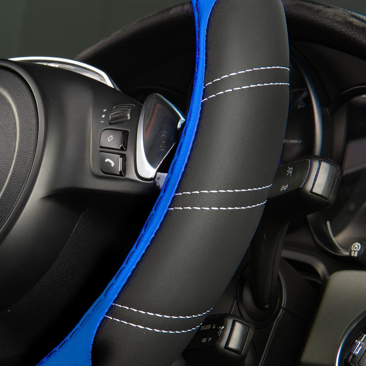 CAR PASS Line Rider Microfiber 15.5-16 Inch Leather Sporty Steering Wheel Cover Universal Fits for Truck SUV Cars Pick up, Anti-Slip Safety Comfortable Design (Black and Blue)