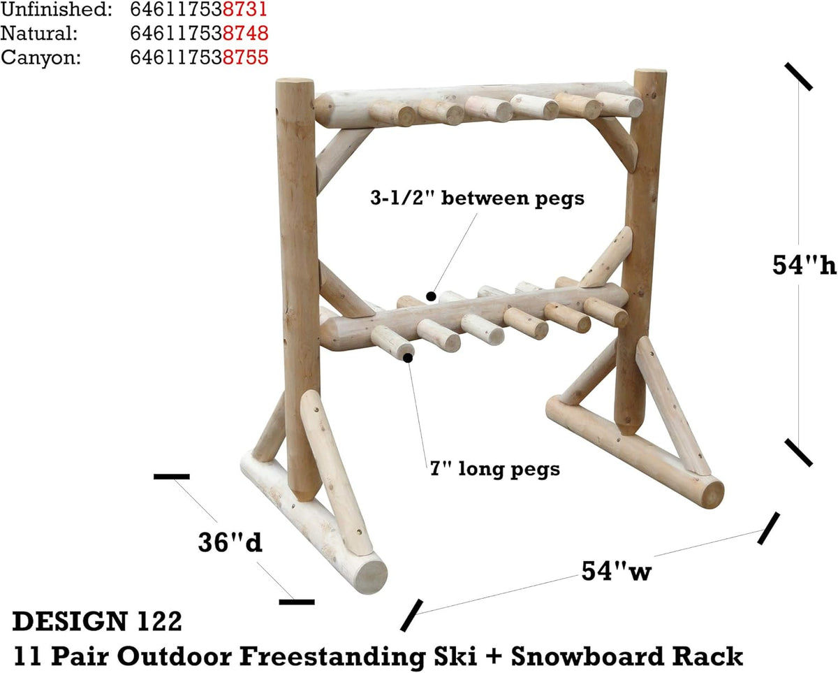 11-Place Freestanding Log Ski Rack Holder, Indoor & Outdoor Snowboard Racks, Standing Storage, Garage Racks for Snow Skis, Durable Snowboard Rack Garage Storage Organizer - Unfinished + 15" Anchor Kit