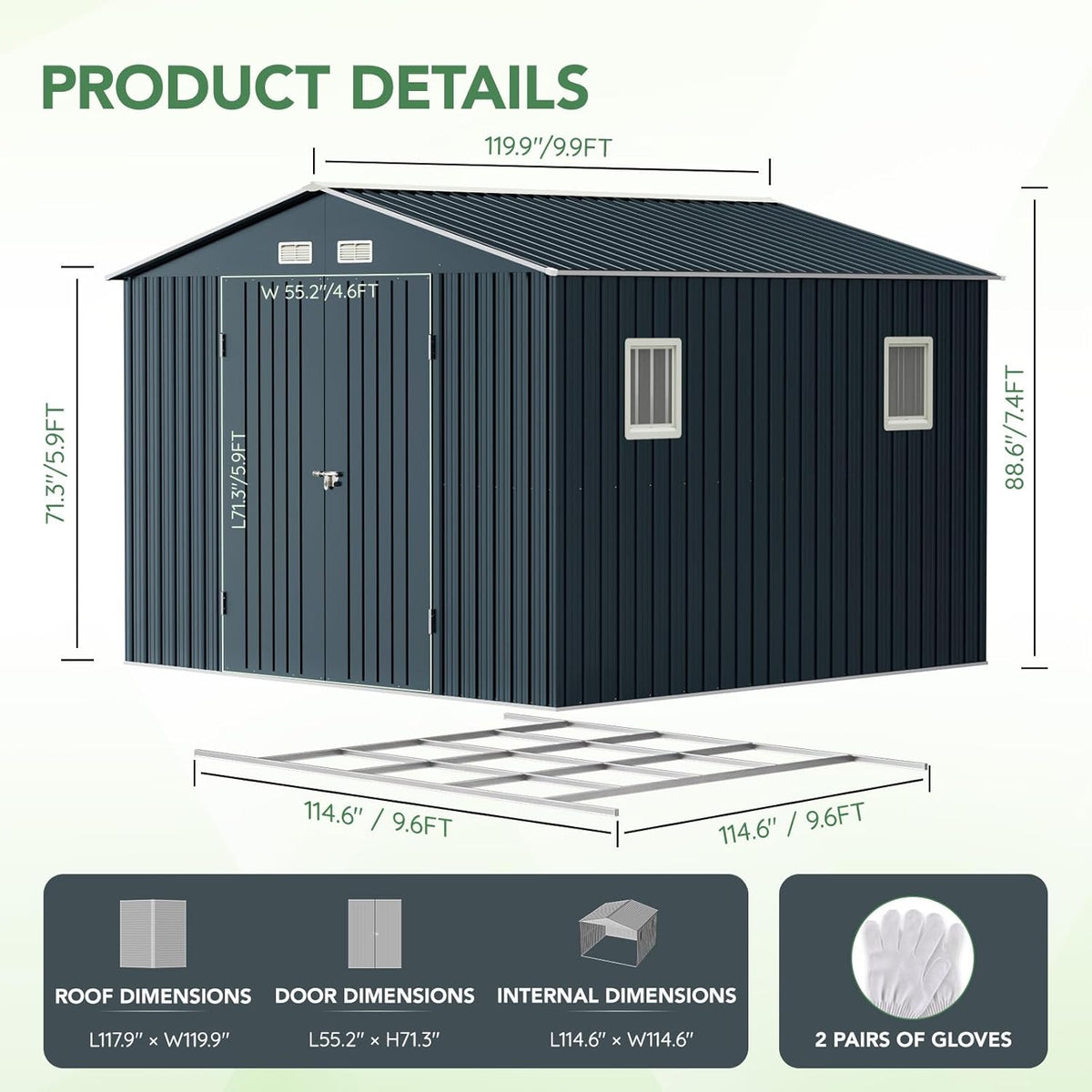10X10X7.5 FT Outdoor Steel Storage Shed with Lockable Doors, 2 Windows, Frame Floor (No Wood/Other Boards), Ideal for Garden, Backyard, Patio Storage