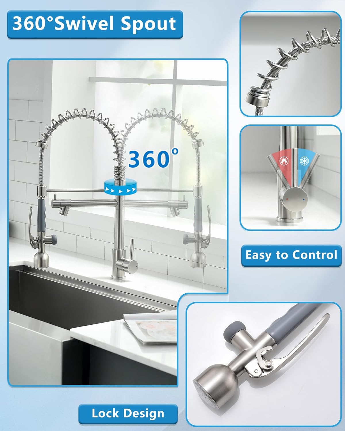 Fapully Commercial Single Handle Pull Down Sprayer Brushed Nickel Kitchen Faucet, Kitchen Sink Faucet with LED Light