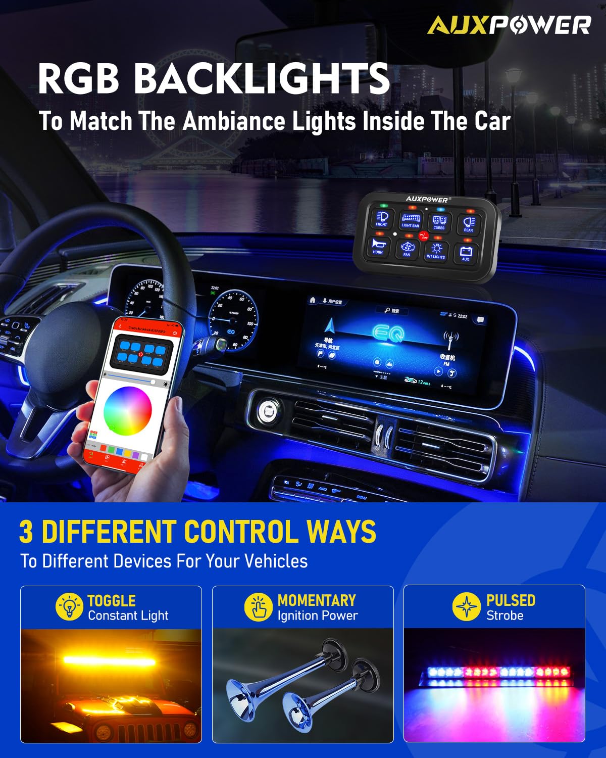 Auxpower RGB 8 Gang Switch Panel with App Control Turn On/Off Momentary Pulsed Multifunction 12V Switch Panel for Truck Circuit Control Relay System Switch Panel Waterproof for Car Boat Truck RV