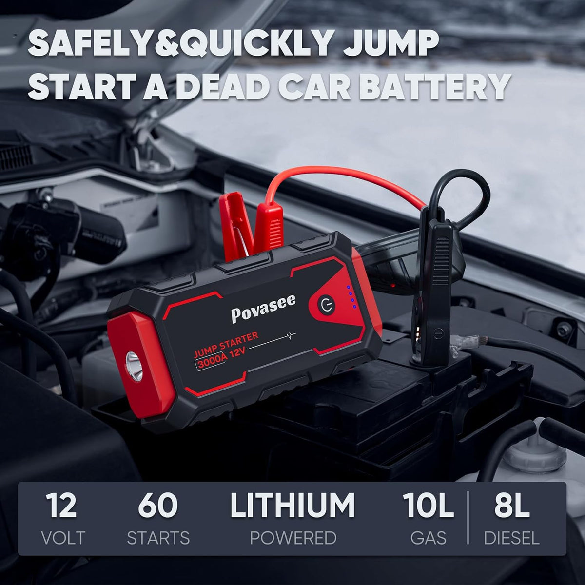 Jump Starter 3000A Car Jumper Starter, 12V Jump Box for Car Battery up to 10L Gas or 8L Diesel Engine Battery Jumper Starter Portable with Power Bank/Dual Output/LED Light