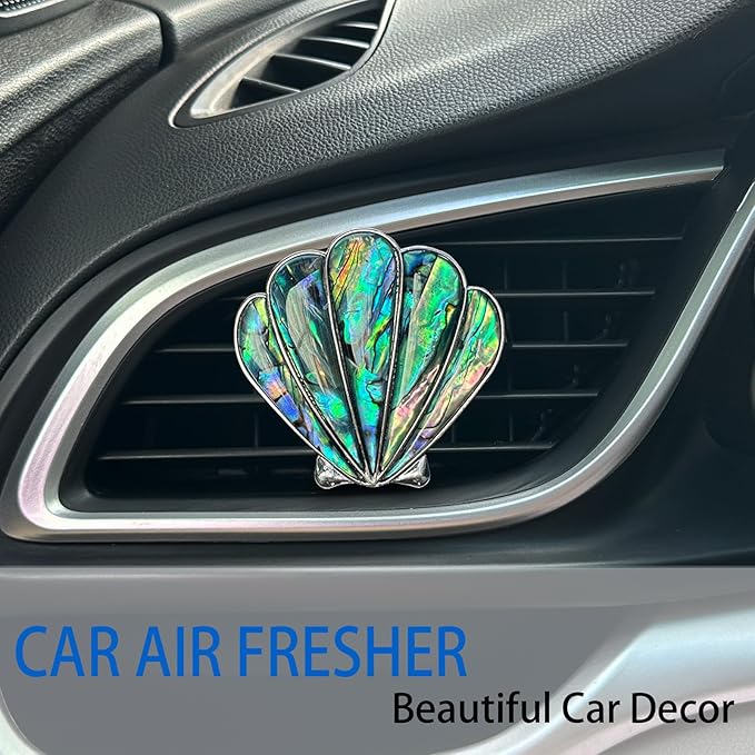 ORIESSE Seashell Car Decor,Coastal Car Air Freshener,Iridescent Abalone Seashell Air Vent Clips,Ocean Themed Car Interior Dashboard Accessories,Girly Refillable Diffuser