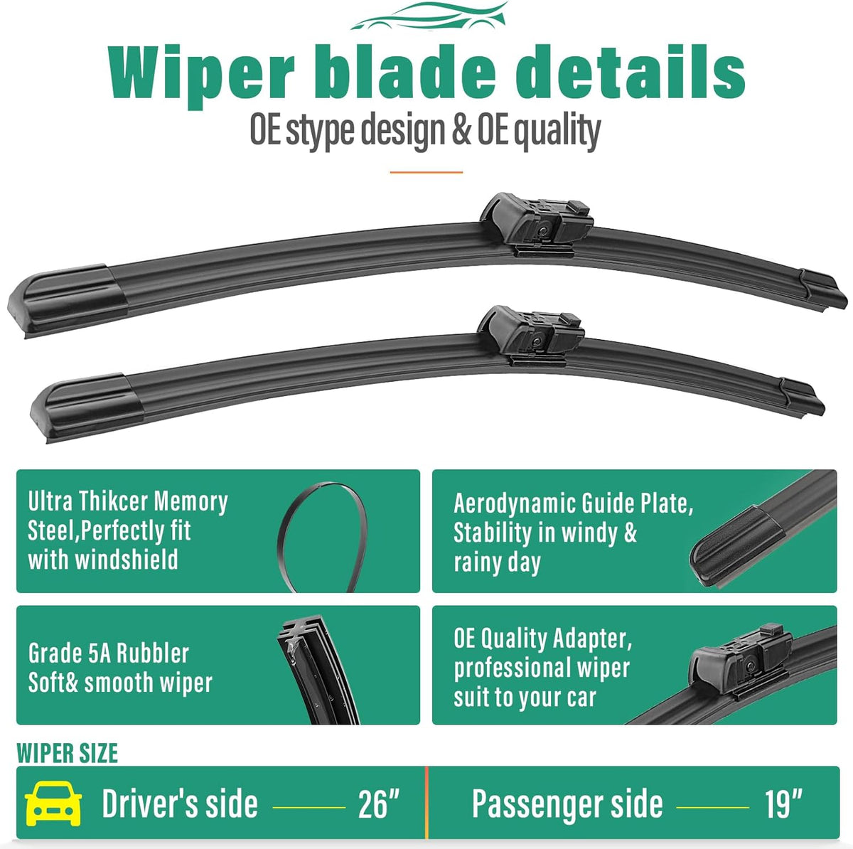 26" 19" 12" Windshield Wiper Blades Replacement for Infiniti QX60 2022 2023 2024 2025 QX 60 Premium All Weather Front Rear Wipers Set - OEM Quality (Pack of 3)