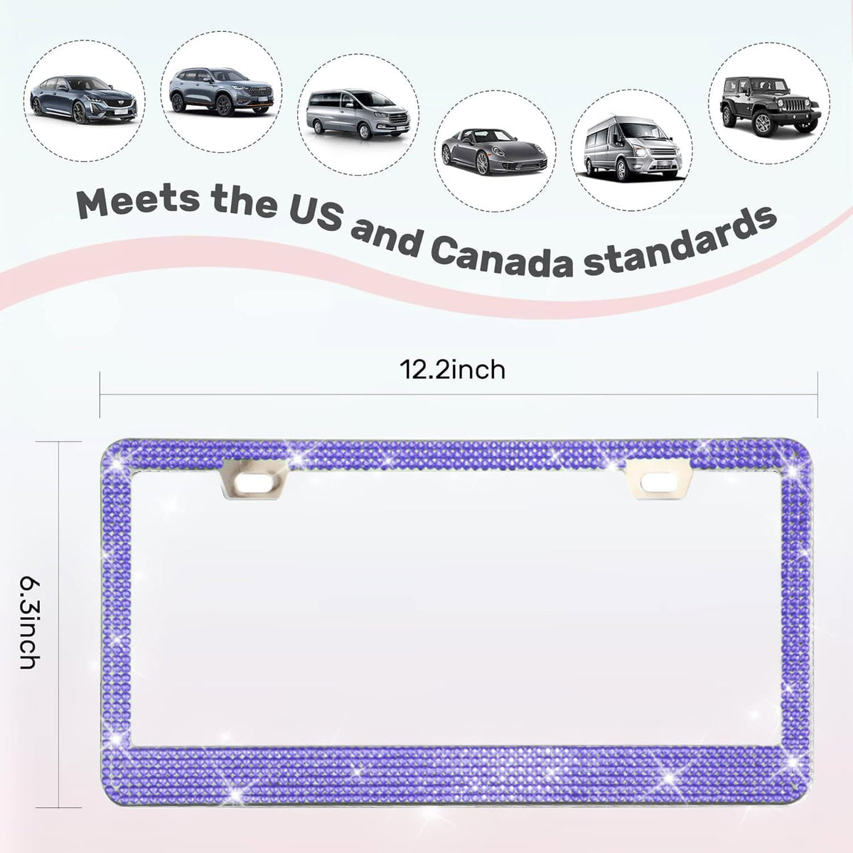 2 Pack License Plate Frames for Women, Sparkly Rhinestone Diamond Car Accessories with Glitter Crystal Caps (Purple (2PCS))