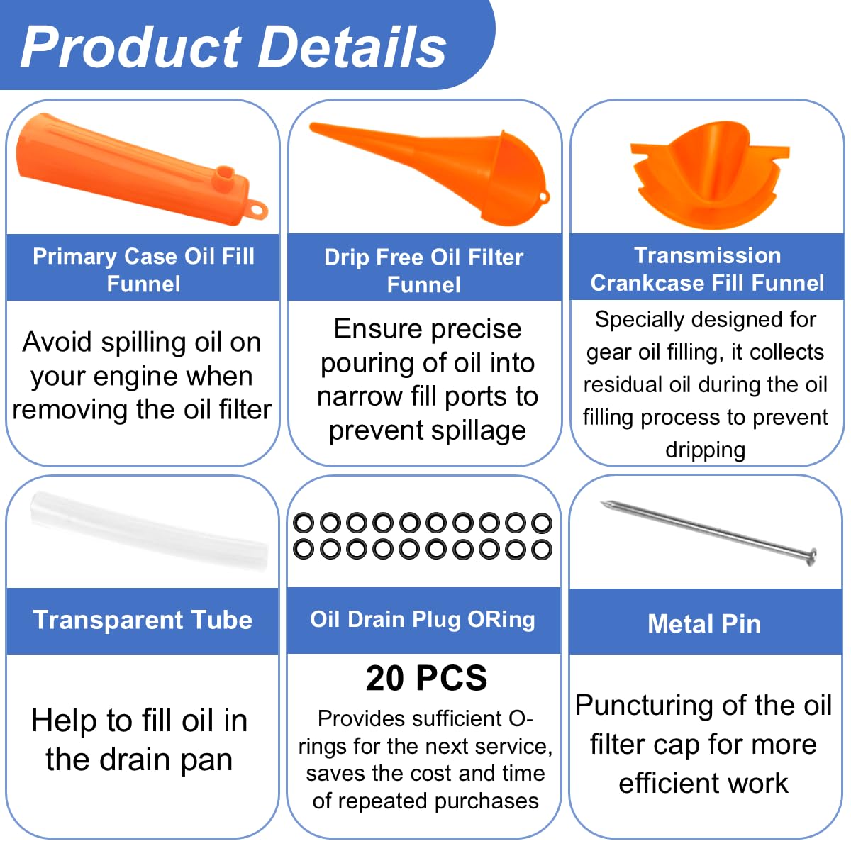 Oil Change Tool Kit for Harley Davidson Accessories,Oil Filter Wrench,Crankcase Fill Tool,Primary Case Funnel,Drip-Free Oil Filter Funnel,20PCS O-Rings