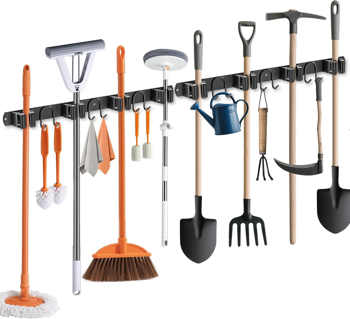 Broom Holder Wall Mount, 2 Packs Black Stainless Steel Tool Storage Organizer for Kitchen Garden Garage Laundry Room Bathroom and RV with 4 Slots 6 Hooks