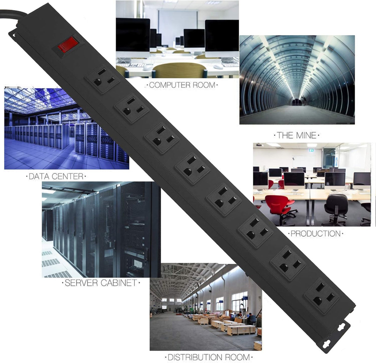 4Pack Metal 8 Outlet Mountable Power Strip, Wall Mount Outlet Heavy Duty, Wide Spaced Commercial Shop Power Strip with Switch, 6 FT Power Cord.