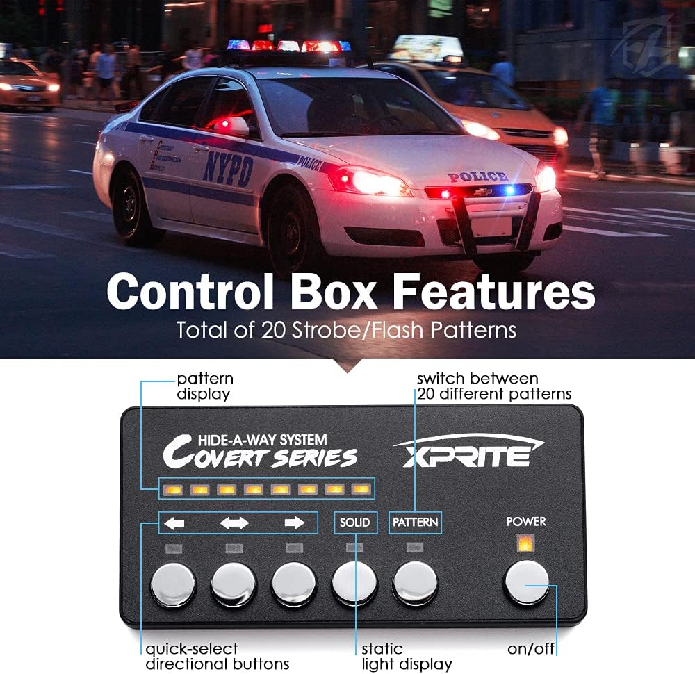 Xprite Red Blue LED Hideaway Strobe Police Lights Kit, 20 Flashing Patterns w/Control Panel for Headlights Taillights Hazard Warning Mounting, for Emergency Vehicles Volunteer Cop Cars Trucks 8PCS