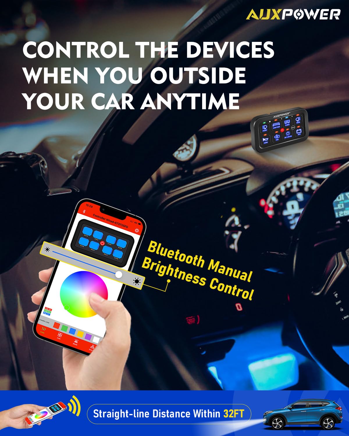 Auxpower RGB 8 Gang Switch Panel with App Control Turn On/Off Momentary Pulsed Multifunction 12V Switch Panel for Truck Circuit Control Relay System Switch Panel Waterproof for Car Boat Truck RV