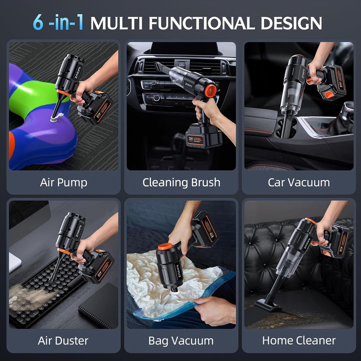 Car Vacuum Portable Cordless, 40,000Pa High Power Dust Buster, 6-in-1 Handheld Vacuum Cleaners for Home, Car, Pet Hair, Keyboard, Black