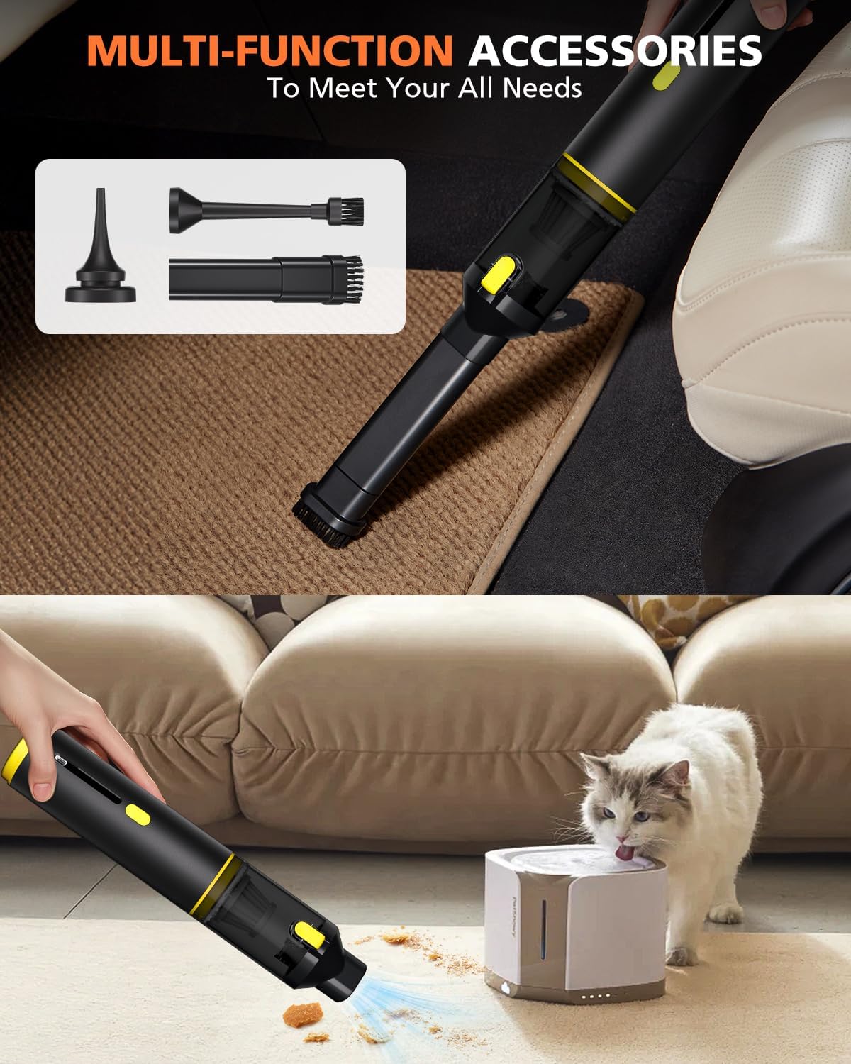 Car Vacuum Portable with 16000Pa Powerful Suction, Handheld Vacuum Cordless Rechargeable Blow & Suction 4 in 1, Small Vacuum Cleaner for Car, Home, Office, Outdoor (Black Yellow)