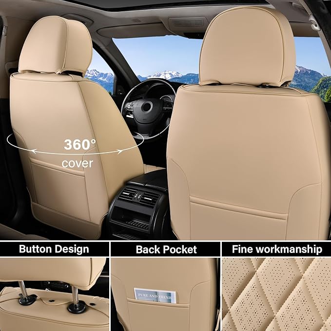 Coverado Front Seat Covers, Luxury Faux Leather Waterproof Seat Cover, Beige Car Seat Protector, Car Seat Cover Front Seats, Automotive Seat Covers Universal Fit for Most Cars (Front, Beige)
