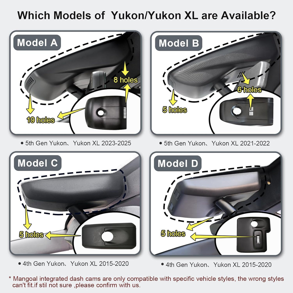 Front 4K & Rear 1080P Dash Cam Custom fit for GMC Yukon, Yukon XL 2015 2016 2017 2018 2019 2020(Model C), Model C & Model D Have Same Models Years but Vehicle Sensor Cover are Different