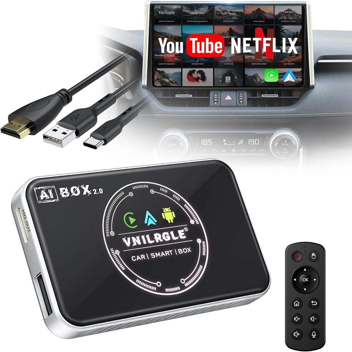 4-in-1 Wireless CarPlay Adapter & Android Auto Wireless Adapter, Stream Netflix, YouTube, and More, Split-Screen & Mirroring, for Cars with OEM Wired CarPlay/Android Auto