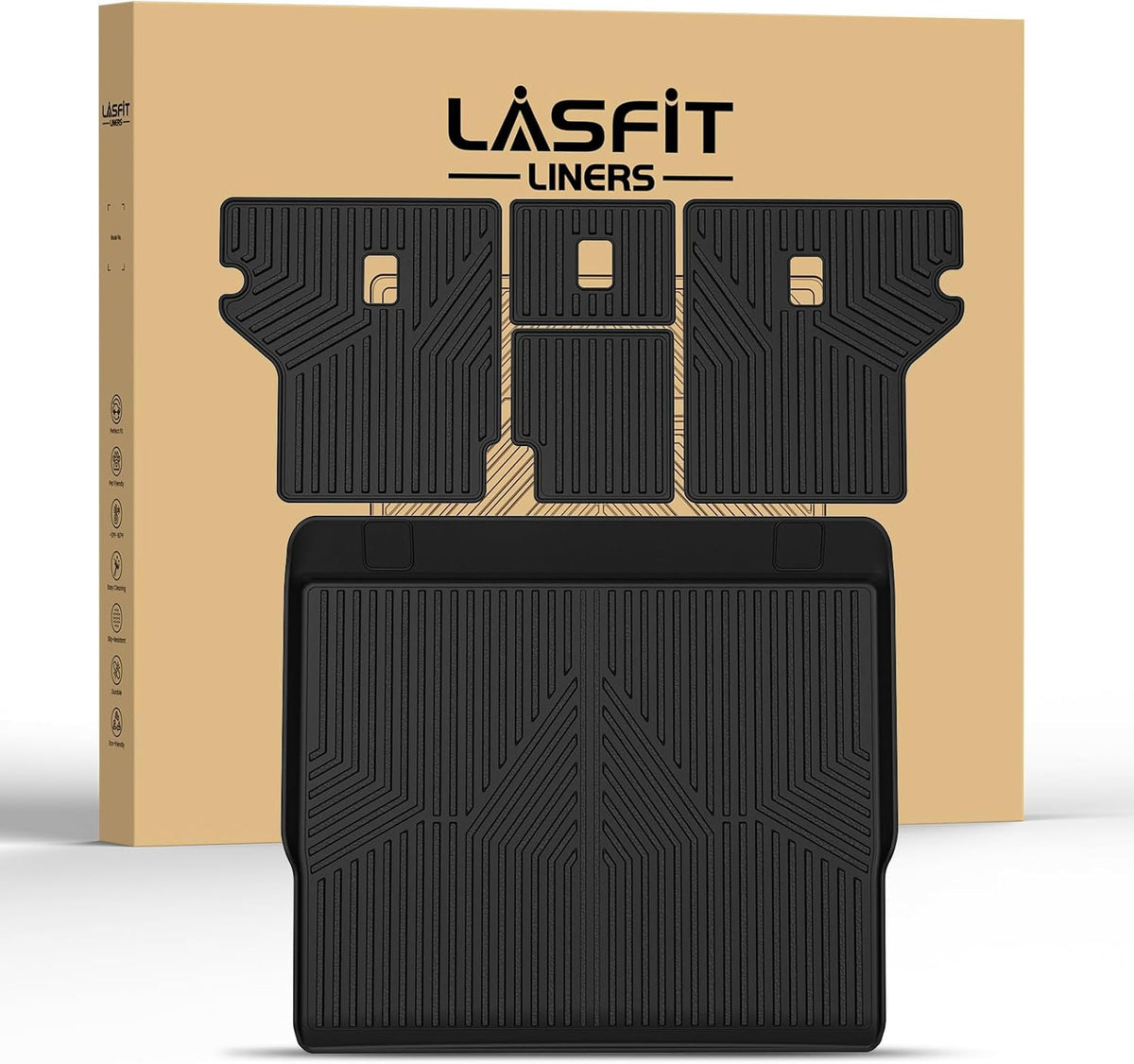LASFIT Trunk&Seatback Mats for Toyota 4Runner 2013-2024 (5 Seats),All Weather TPE Custom Fit Floor Liner for 4 Runner 5th gen 2 Row Car Mats, Black(Not fit Equipped Sliding Cargo Tray Option)
