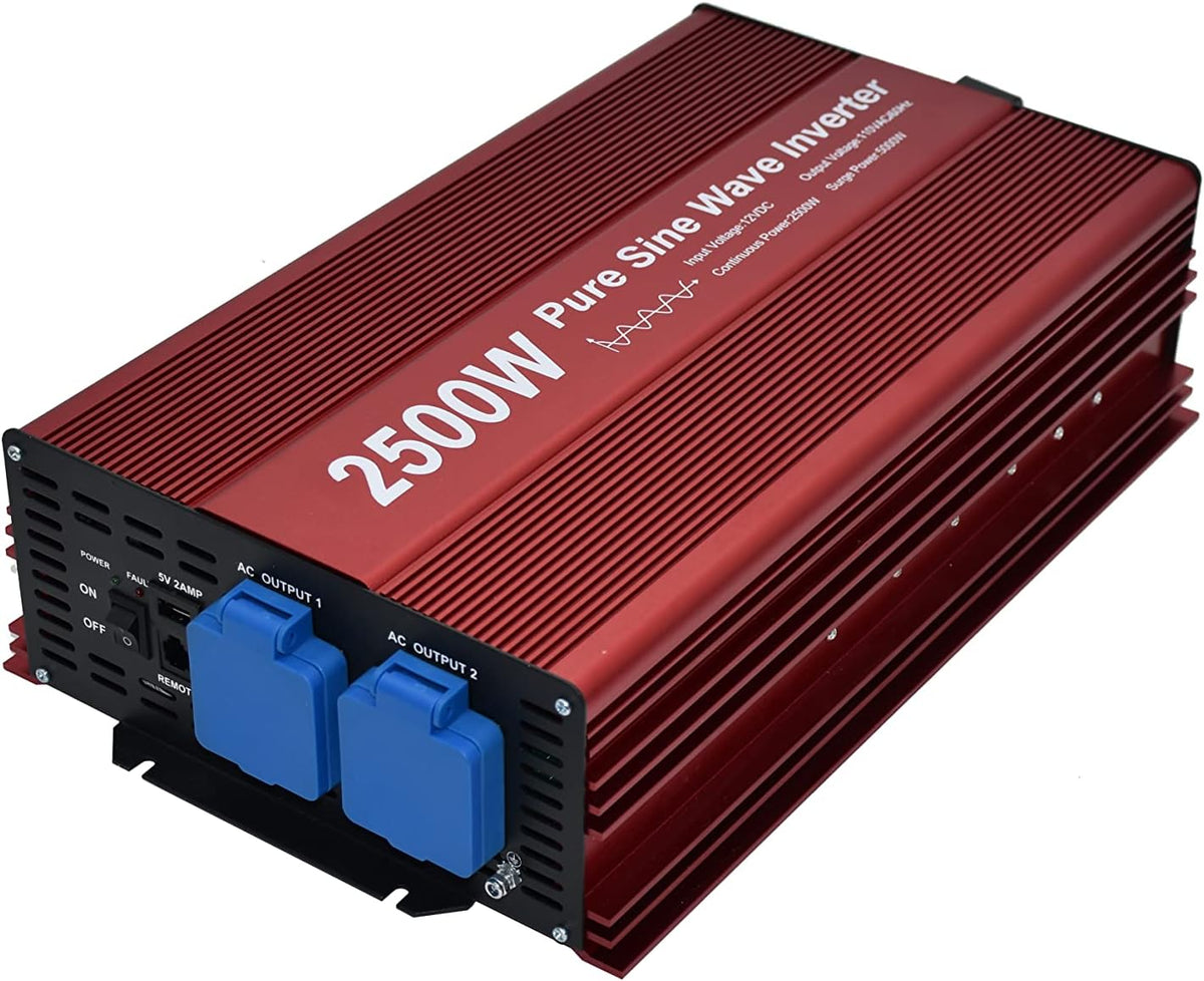 2500W Pure Sine Wave Inverter 12V to 120V AC with 2 AC outlets, DC5V 2 Amp USB Output, LCD Display Wire Remote kit and Heavy Duty Battery Cables.