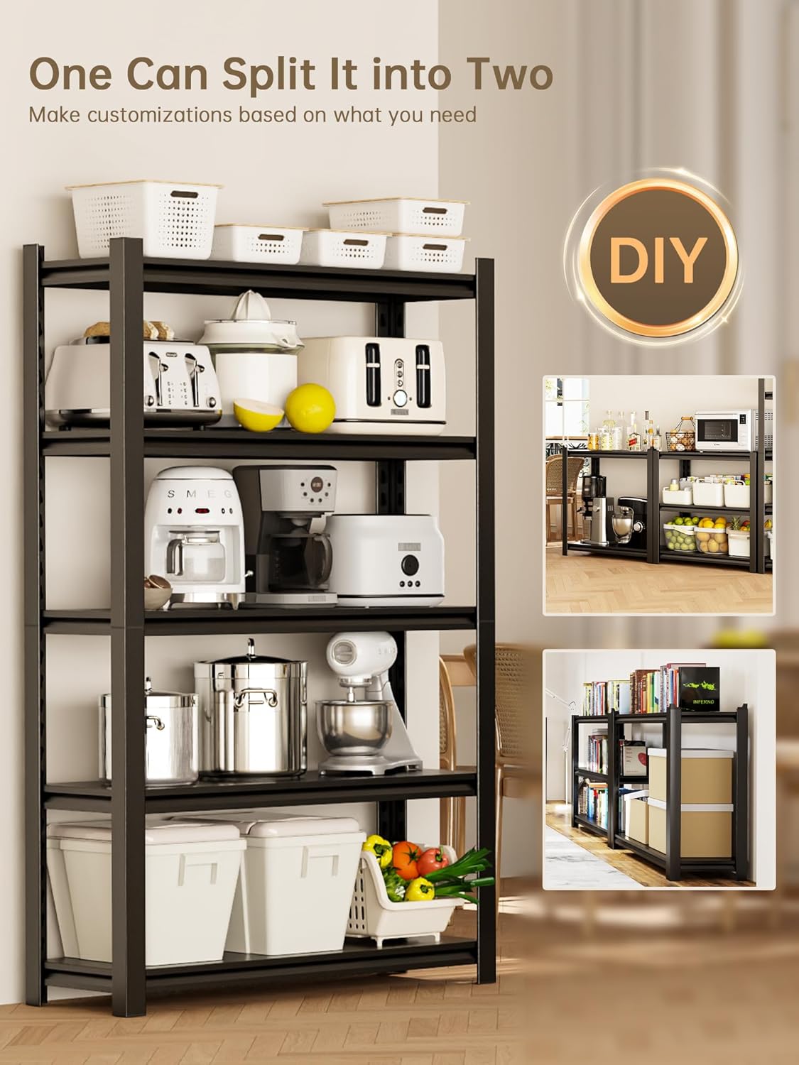 JHYKHG 48" W Storage Shelves,5-Tier Heavy Duty Garage Shelving,Adjustable Shelving Unit,Metal Shelf,Boltless Assembly Rack for Warehouse,Shed,3,000 lb Load,20 x 59 x 72 Inches,Black
