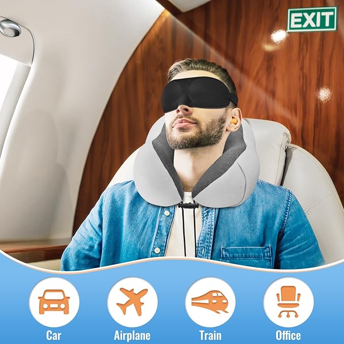 CloudBliss Travel Pillow Premium Memory Foam, Comfortable&Supportive Neck Pillow, Sleeping Neck Pillows for Travel, Airplane Pillow for Sleeping Airplane, Car, Office and Home （Light Grey）