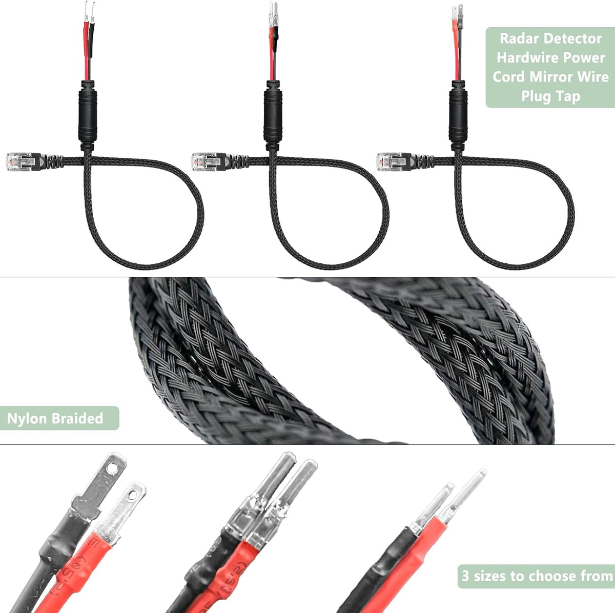 Radar Detector Rearview Mirror Mounting Bracket,13.8" Radar Detector Hard Wire Power Cord Mirror Wire Plug,with Braided Set of 3 (for Valentine One V1 Gen1 Radar)