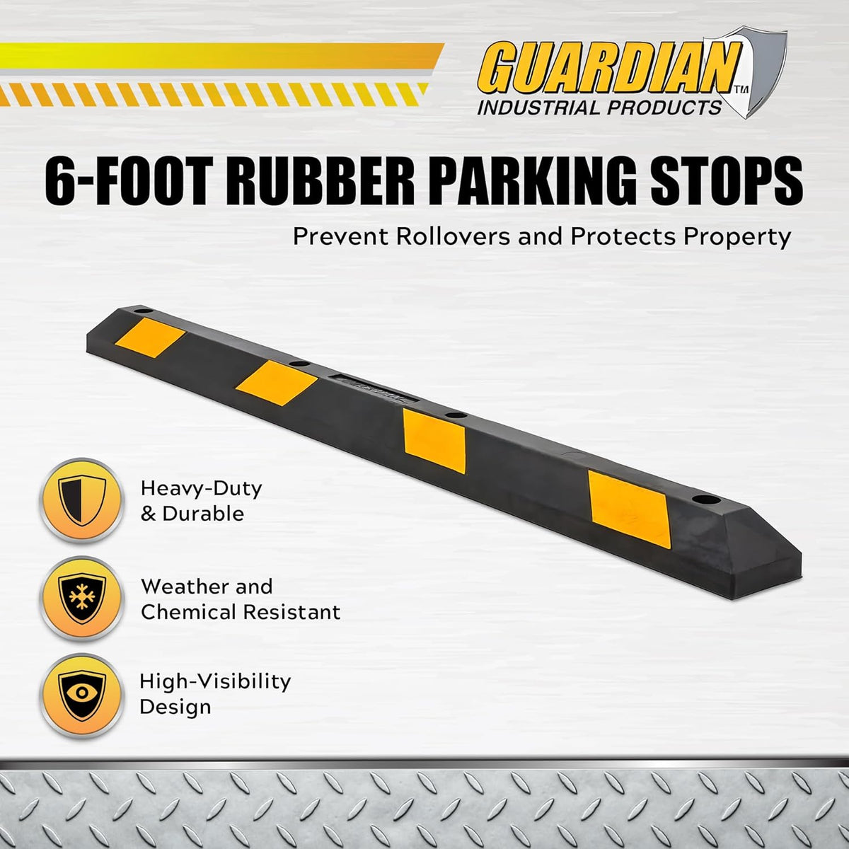 Guardian Parking Stop, 6 Foot Long Rubber Curb with Mounting Holes, Black/Yellow - Highly Visible Accessory for Job Sites & Garages