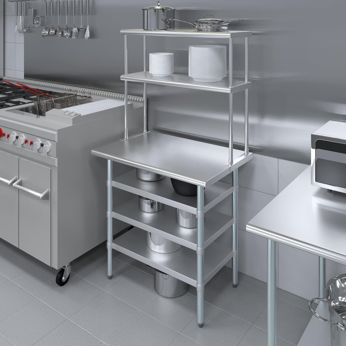 Amgood 24" x 36" Stainless Steel Work Table with 3 Shelves and 12" Wide Double Tier Overshelf | Metal Kitchen Prep Table & Shelving Combo | NSF
