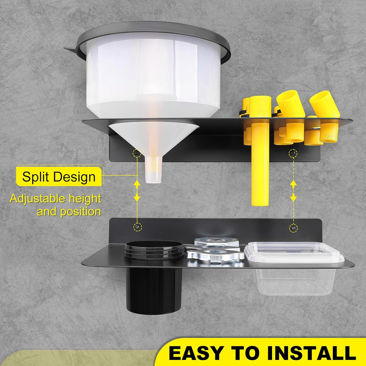Coolant Funnel Kit Holder Storage Rack Includes 2 Plastic Removable Drip Cups, Wall Mount Fluid Drain Funnel Kit Organizer Bracket for Enclosed Race Trailers, Automotive Garage Shop, Black
