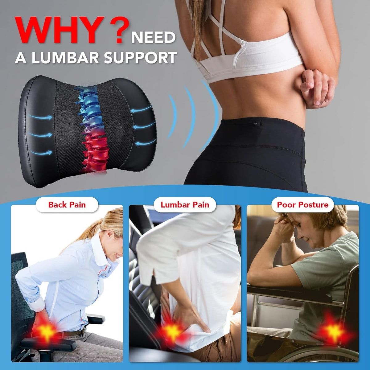Lumbar Support Pillow for Car, Memory Foam Lumbar Pillow for Lower Back Pain Relief - Back Cushion for Driving, Chair Support for Car-Office Chair, Wheelchair - Black