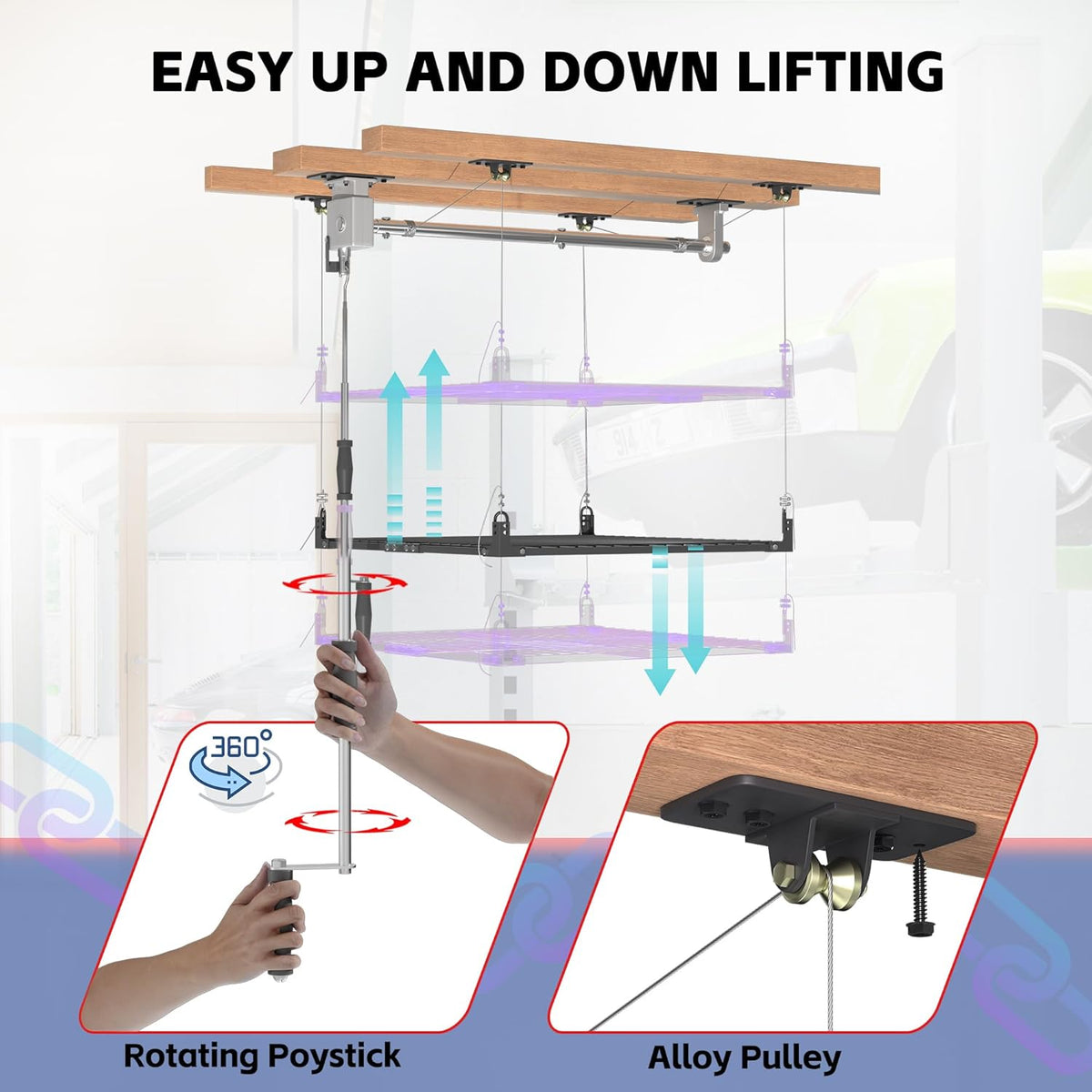 Overhead Garage Storage Rack,4x4FT Ceiling Storage Racks Lift,Adjustable Organization System,Workshops or Basements(Black)