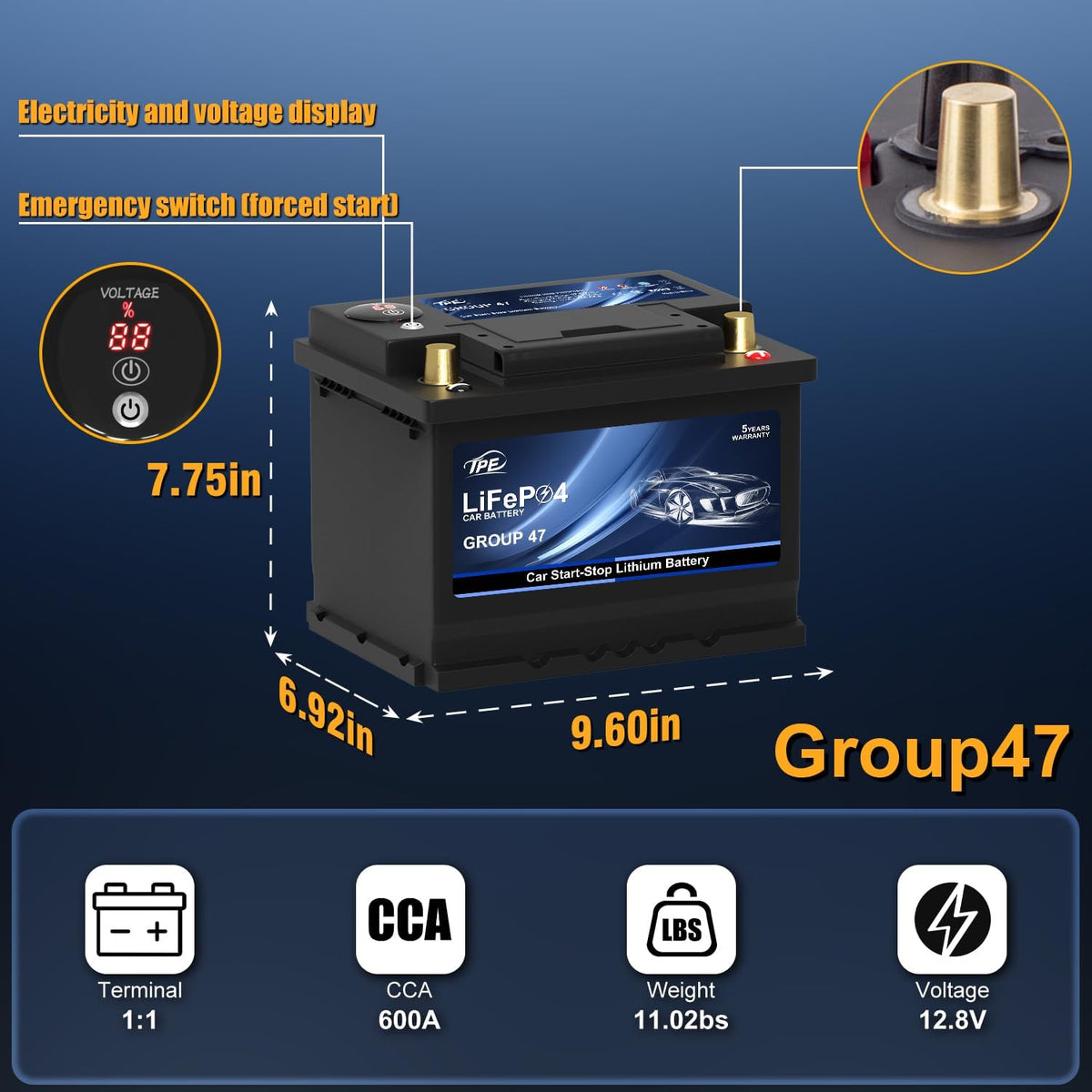 TPE Car Start-Stop Lithium Battery BCI Group47 LiFePO4 Lithium-ion Car Battery Lightweight Design Auto Lithium Battery 12.8V 600A High-Performance