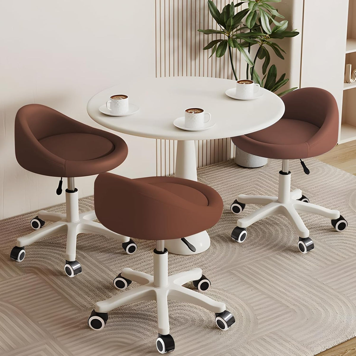 Rolling Stool Set of 3 Rolling Hydraulic Salon Stool with Low Backrest - Adjustable Swivel Chair for SPA, Shop, Salon, Massage, or Medical Office Brown