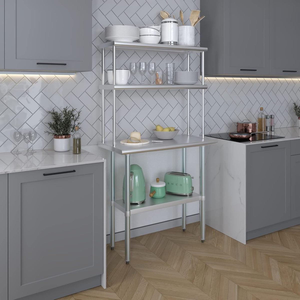 Amgood Stainless Steel Work Table Double Tier Overshelf | Metal Kitchen Prep Table & Shelving Combo (18" x 36" Work Table + 12" Overshelf)
