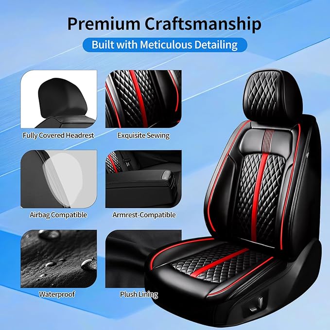 Fit Mazda 3 Car Seat Covers (Front Pair) for Select Mazda 3 2010-2019 - Full Coverage Leather, Airbag Compatible, Waterproof & All Weather Seat Cushion Protector, Black with Red Trim