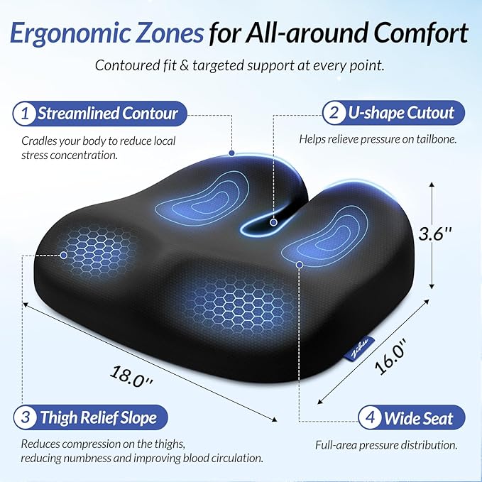 ZIKEE Ergonomic Seat Cushion with Thigh Slope for Long Sitting, Memory Foam Office Chair Cushion for Car, Home, Plane, U-Shaped Design Relieves Hip, Tailbone Pain, Non-Slip Sciatica Pain Relief Pillow