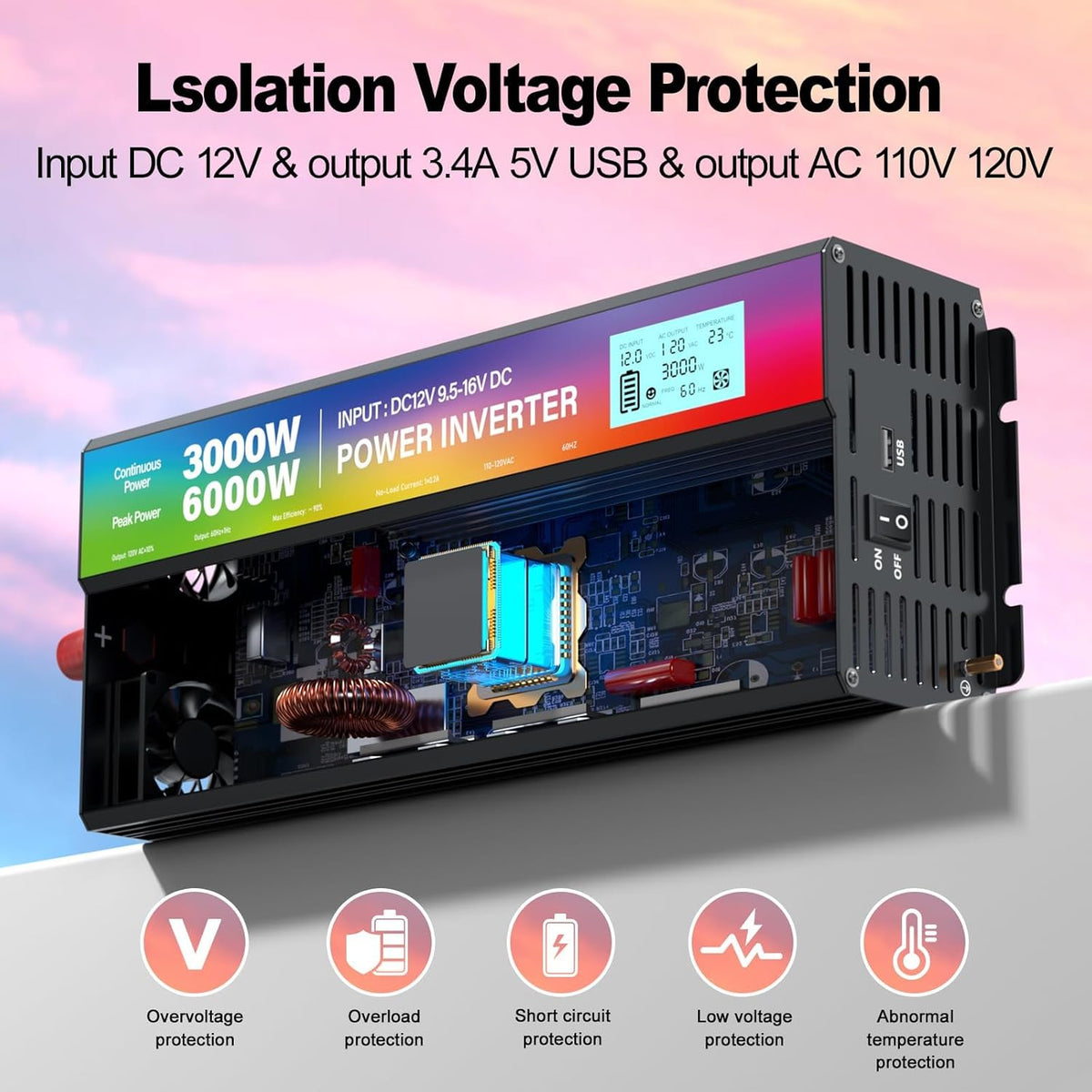 New Upgraded 3000 Watt Power Inverter,12V DC to 110V/120V AC Converter,6000W Peak Power with 3 AC Outlets,3.4A USB Port,LED Display Car Inverter for Vehicles,Truck,RV,Outdoor Activities,Solar System