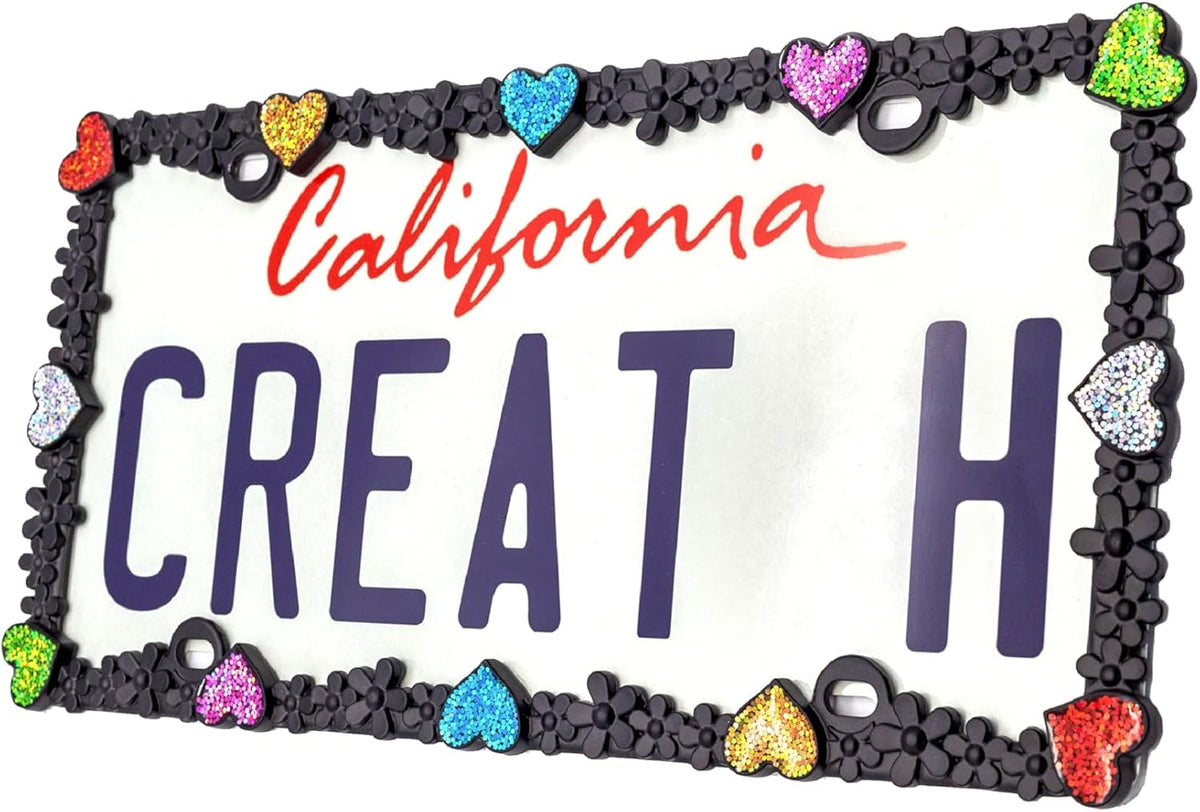 Creathome 3D Shining Daisy Heart License Plate Frame from Pure Zinc Alloy Metal Perfect Plate Holder, Matt Black with Colorful Glitter, Luminously Heart