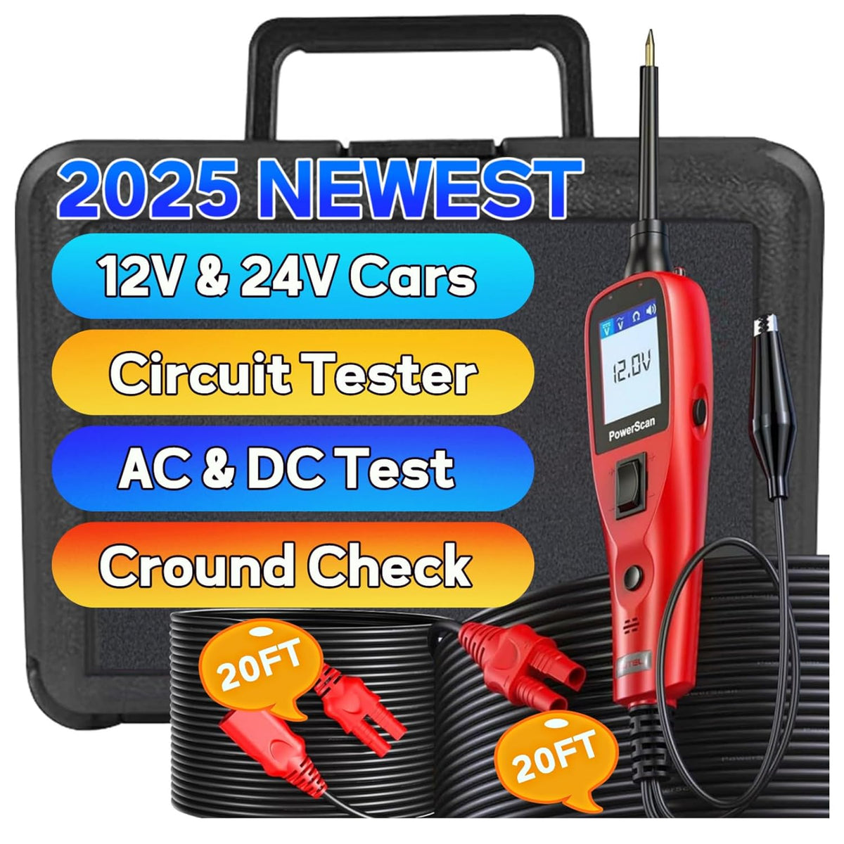 Autel PowerScan PS100 Power Circuit Probe Tester - 2025 12V 24V Car Circuit System Diagnostic Tool, Open Breaker Short Finder, Read AC/DC Resistance, Activate Component, w/ 20ft Cable, for 99% Cars