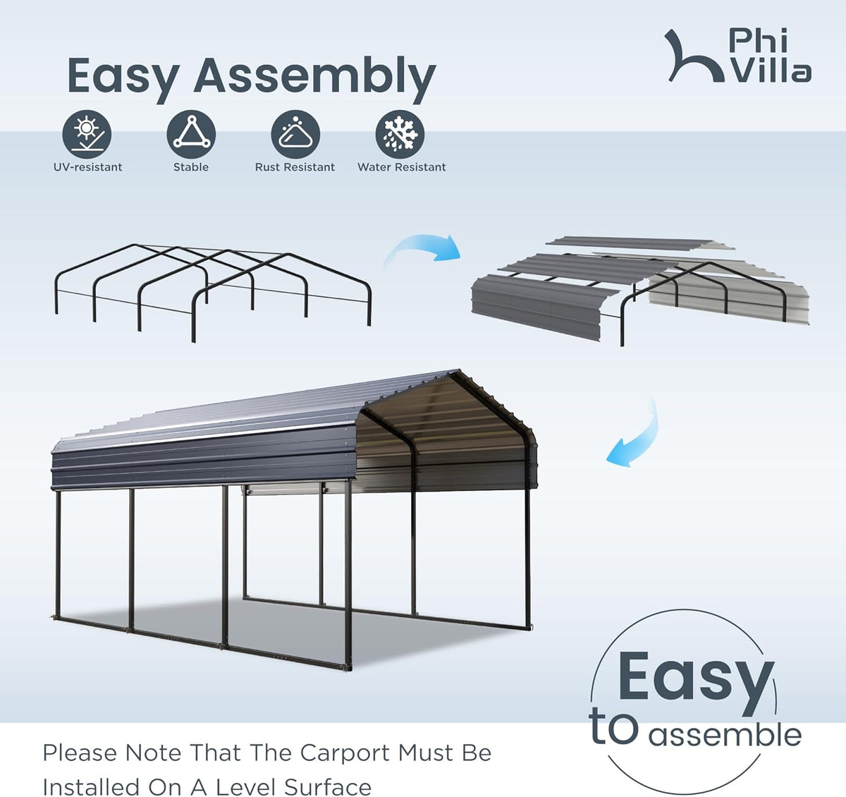 PHI VILLA 10 x 15 ft Heavy Duty Carport with Galvanized Steel Roof Multi-Use Shelter, Sturdy Metal Carport for Cars, Boats, and Tractors