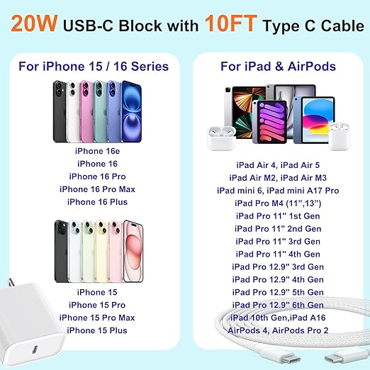 10FT iPhone 16 15 Charger Fast Charging,2Pack 20W Type C Chargers USB C Block 10Foot USB C to USB C Woven Cable, Apple i Phone 16 Charger for iPhone 16/16 Plus/16 Pro/16 Pro Max/iPhone 15 Pro Max/iPad