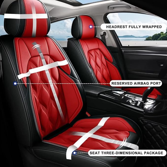 AOMSAZTO Car Seat Covers,2 Front Seats Custom Fit for Honda Pilot 2005-2016,Leather Carseat Automotive Cushion Covers Seat Protector,Airbag Compatible Waterproof Black&Red