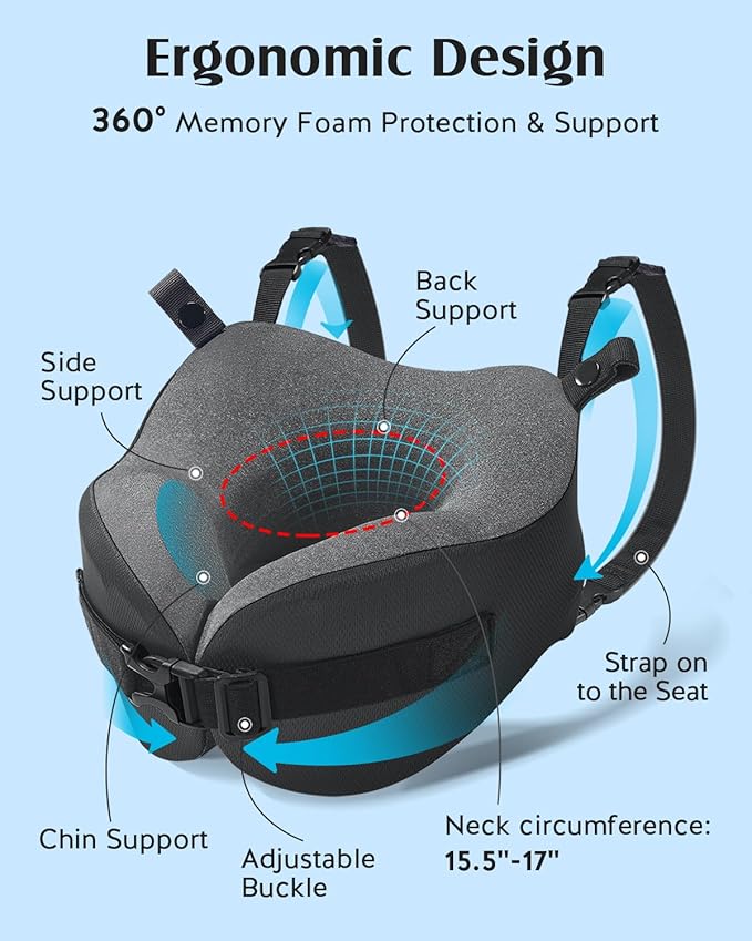 YFONG Travel Pillow for Long Flight Airplanes, Head Strap Combo with 3D Contoured Eye Mask for Sleep, Neck Pillow for Car Trip Essential, 360° Support Memory Foam Headrest, Prevent Head Bobbing, Pink